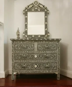 Bone Inlay Floral Chest Of 4 Drawer Black with inlay mirror