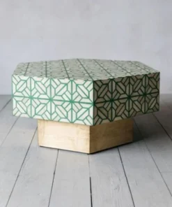 Alternative view of Bone Inlay Modern Design Green Coffee Table with Brass Base | Hexagon Shape Center Table