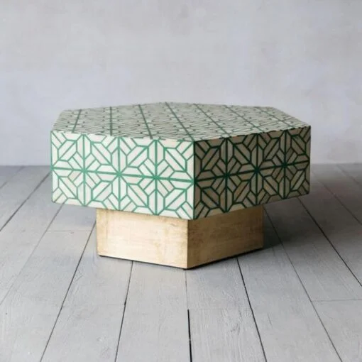 Bone Inlay Modern Design Green Coffee Table with Brass Base | Hexagon Shape Center Table - Image 2