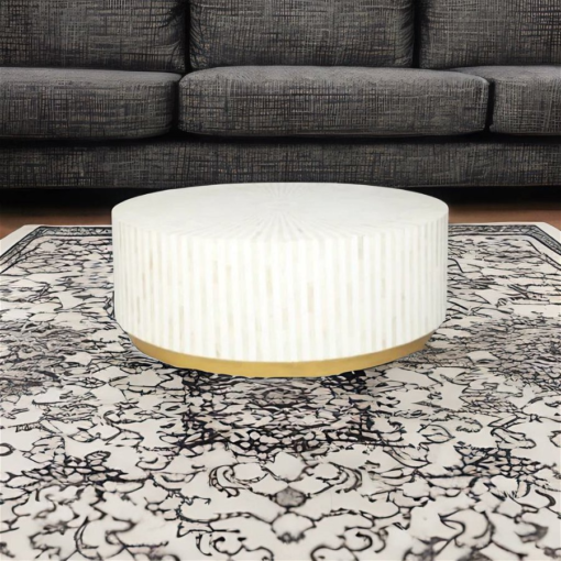 Bone Inlay Stripe Design Big Round Coffee Table in White color