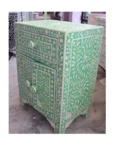 Bone inlay 1 drawer 2 door bedside green color