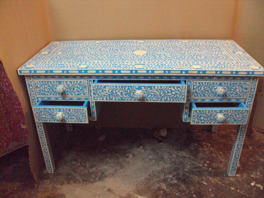 Buy Online Blue Bone Inlay 5 Drawer Writing Desk