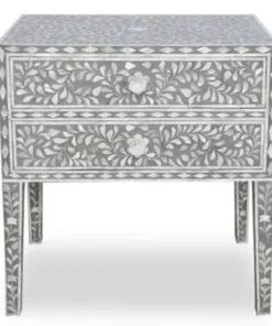 Mother of Pearl Inlay Grey 2 Drawer Floral Nightstand