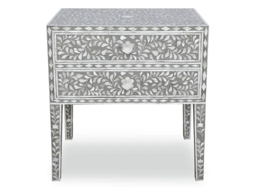 Mother of Pearl Inlay Grey 2 Drawer Floral Nightstand