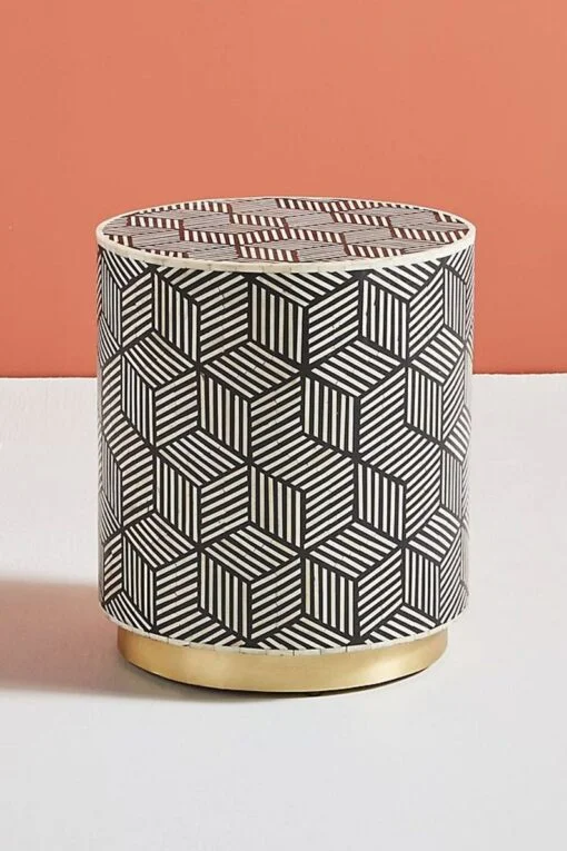 Black Bone Inlay Cube Design Round Side Table - Image 2