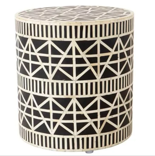 Black Bone Inlay Geometric Design Round Side Table - Image 2