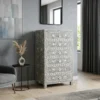 Mother Of Pearl Chest of 6 Drawers Tall Boy in Grey color placed in grey living room with sofa and wall mirror