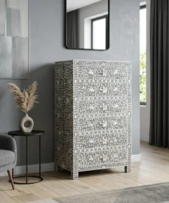 Mother Of Pearl Chest of 6 Drawers Tall Boy in Grey color placed in grey living room with sofa and wall mirror