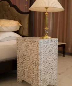 Mother of pearl inlay 1 drawer 2 door bedside white color in modern bedroom