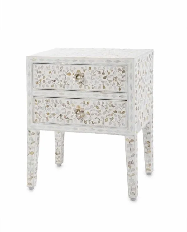 Mother-of-pearl-inlay-2-drawer-bedside-white4-600x744 Mother of Pearl 2 Drawer Nightstand for modern interiors
