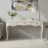 Mother Of Pearl Inlaid Long Curved Leg Desk White styled in grey living room