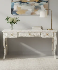 Mother Of Pearl Inlaid Long Curved Leg Desk White styled in grey living room