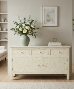 Beige Bone Inlay 3 Drawer Sideboard placed in minimalist living room with home décor