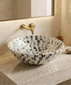 Black and White Mother of Pearl Inlay Round Wash Basin for Luxury Bathroom Decor