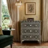 Black Bone Inlay 3 Drawer Cabinet Handmade Storage Chest placed in luxury living rom with decor
