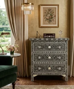 Black Bone Inlay 3 Drawer Cabinet Handmade Storage Chest placed in luxury living rom with decor