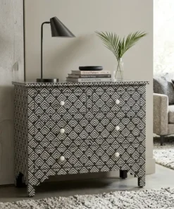 bone inlay geometrical pattern 4 drawer chest black color