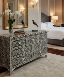 Black Bone Inlay 7 Drawer Chest Floral Design in luxury suite room with furnished