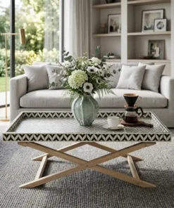 Black Bone Inlay Stylish Coffee Table placed in modern living room with flower vase decor