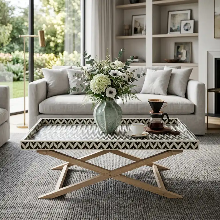 black-bone-inlay-coffee-table Black Bone Inlay Stylish Coffee Table placed in modern living room with flower vase decor
