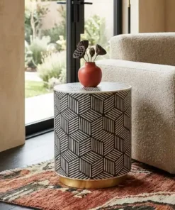 Handmade black bone inlay cube design round side table in modern living room with sofa