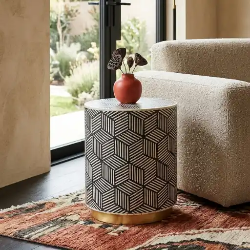 Handmade black bone inlay cube design round side table in modern living room with sofa