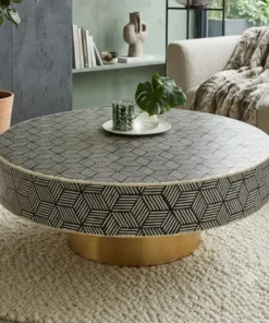 Black Bone Inlay Coffee Table Geometric Cube Design in modern living room with beige sofa and decor