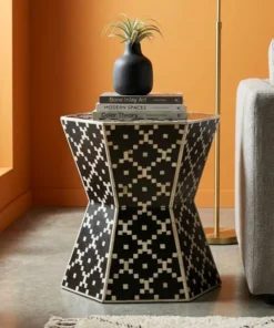 Bone Inlay Black Diamond Design Drum Table for living room