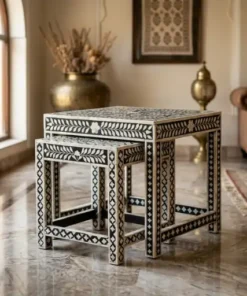 Handmade black bone inlay floral table set of 2 with decorative pattern