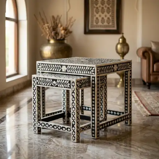 Handmade black bone inlay floral table set of 2 with decorative pattern