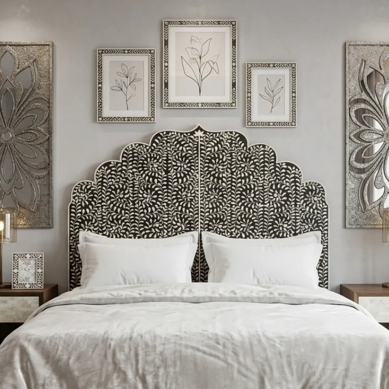 Bone Inlay Black Floral Design Bed Headboard for luxury bedroom interiors