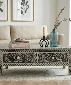 Black Bone Inlay Floral Storage Coffee Table