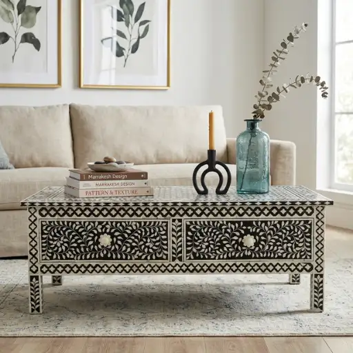 Black Bone Inlay Floral Storage Coffee Table