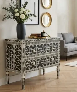 Black bone inlay 2 drawer chest cabinet with handmade geometric design pattern