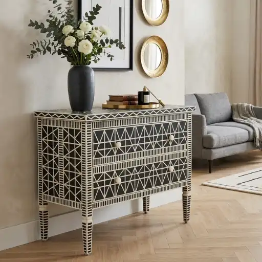 Black bone inlay 2 drawer chest cabinet with handmade geometric design pattern