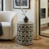 Black bone inlay geometric design round side table in modern living room