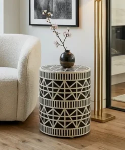 Black bone inlay geometric design round side table in modern living room