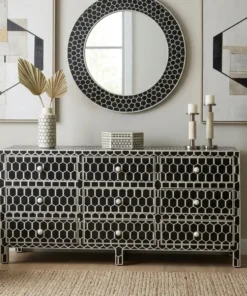Black Bone Inlay Honeycomb Design Large Chest with 9 storage drawers in modern living room with interior