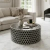 Bone Inlay Black Honeycomb Round Coffee Table in modern living room with beige sofa and decor