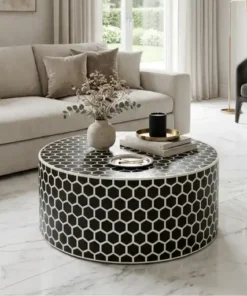 Bone Inlay Black Honeycomb Round Coffee Table in modern living room with beige sofa and decor
