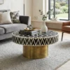 Black Bone inlay Geometric Design Coffee Table in modern living room with sofa and chair