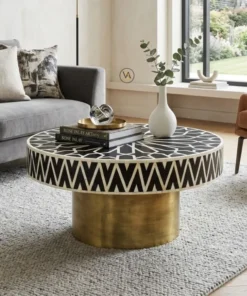 Black Bone inlay Geometric Design Coffee Table in modern living room with sofa and chair
