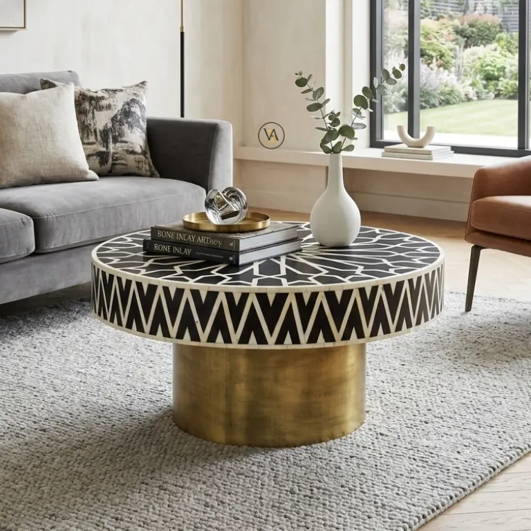 Black Bone inlay Geometric Design Coffee Table in modern living room with sofa and chair