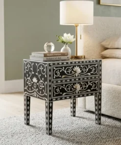 Handmade Black Mother of Pearl Nightstand with 2 drawers