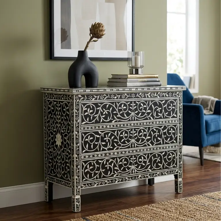 black-mother-of-pearl-3-drawer-chest (768 x 768 px) Black Mother of Pearl 3 Drawer Chest styled in modern living room with blue chair and home décor items