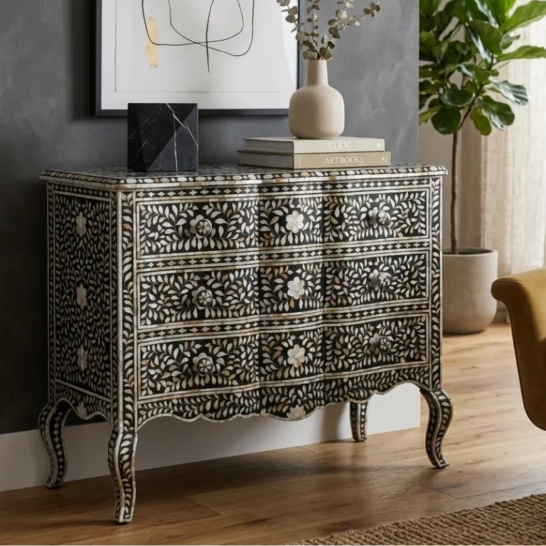 black-mother-of-pearl-inlay-3-drawer-chest Black Mother of Pearl Inlay 3 Drawer Chest