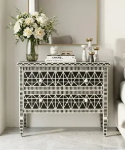 Black and white geometric bone inlay 2 drawer chest in luxury bedroom