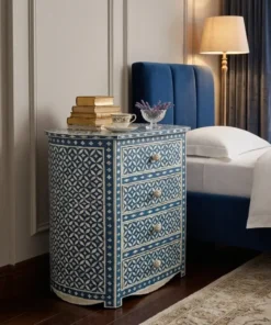 Blue Bone Inlay Four Drawer semi round Geometric Pattern design Bedside Table in luxury bedroom with decor and furnished