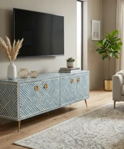 Blue Bone Inlay TV Unit is handmade with beautiful inlay work