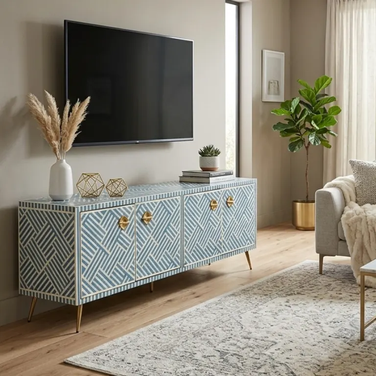 Blue Bone Inlay TV Unit is handmade with beautiful inlay work